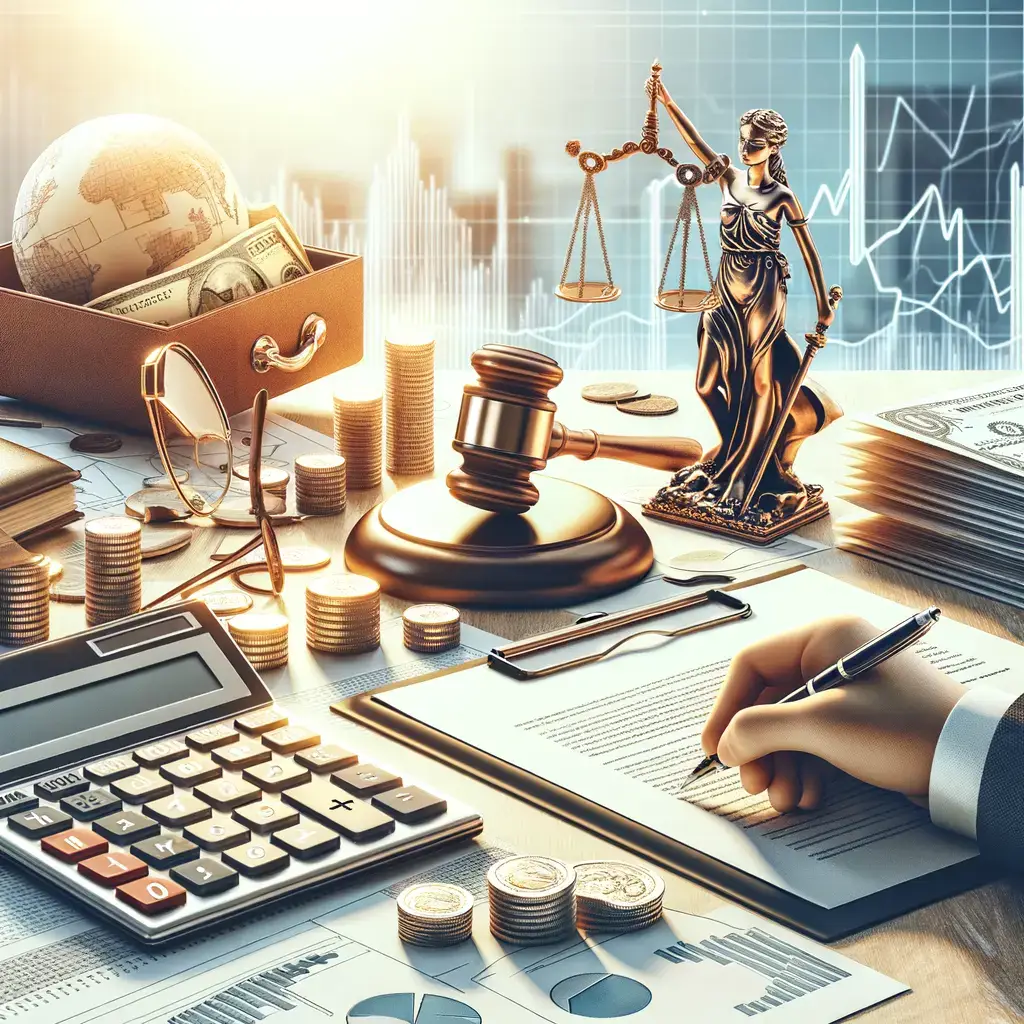 Imagen que representa un ambiente de trabajo legal y financiero. En la escena se observa un escritorio con documentos, un calculador, monedas y billetes, junto a una figura de la justicia y un mazo de juez. Un globo terráqueo y gráficos financieros en el fondo sugieren un enfoque internacional y analítico en el manejo de asuntos legales y económicos. Ideal para temas relacionados con derecho, finanzas y contabilidad.