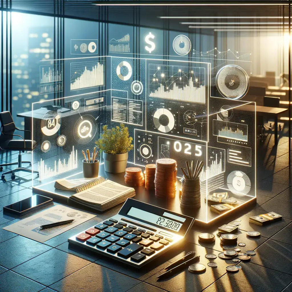 Oficina moderna con mesa de trabajo donde se observa una calculadora, monedas, un cuaderno y gráficos digitales flotantes que muestran datos financieros y estadísticas. El ambiente está iluminado con luz natural y presenta un diseño contemporáneo, ideal para la gestión de finanzas y análisis de datos.