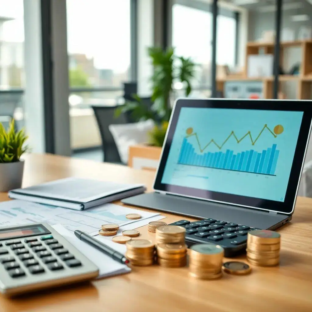 Imagen de un entorno de oficina moderno con un enfoque en la gestión financiera. En la mesa se observa una laptop que muestra un gráfico de crecimiento, un calculador, una libreta y varias monedas apiladas. La escena refleja un ambiente de trabajo productivo y organizado, ideal para análisis financieros y planificación de negocios. Elementos como plantas decorativas y luz natural sugieren un espacio acogedor y profesional, propicio para la toma de decisiones económicas.