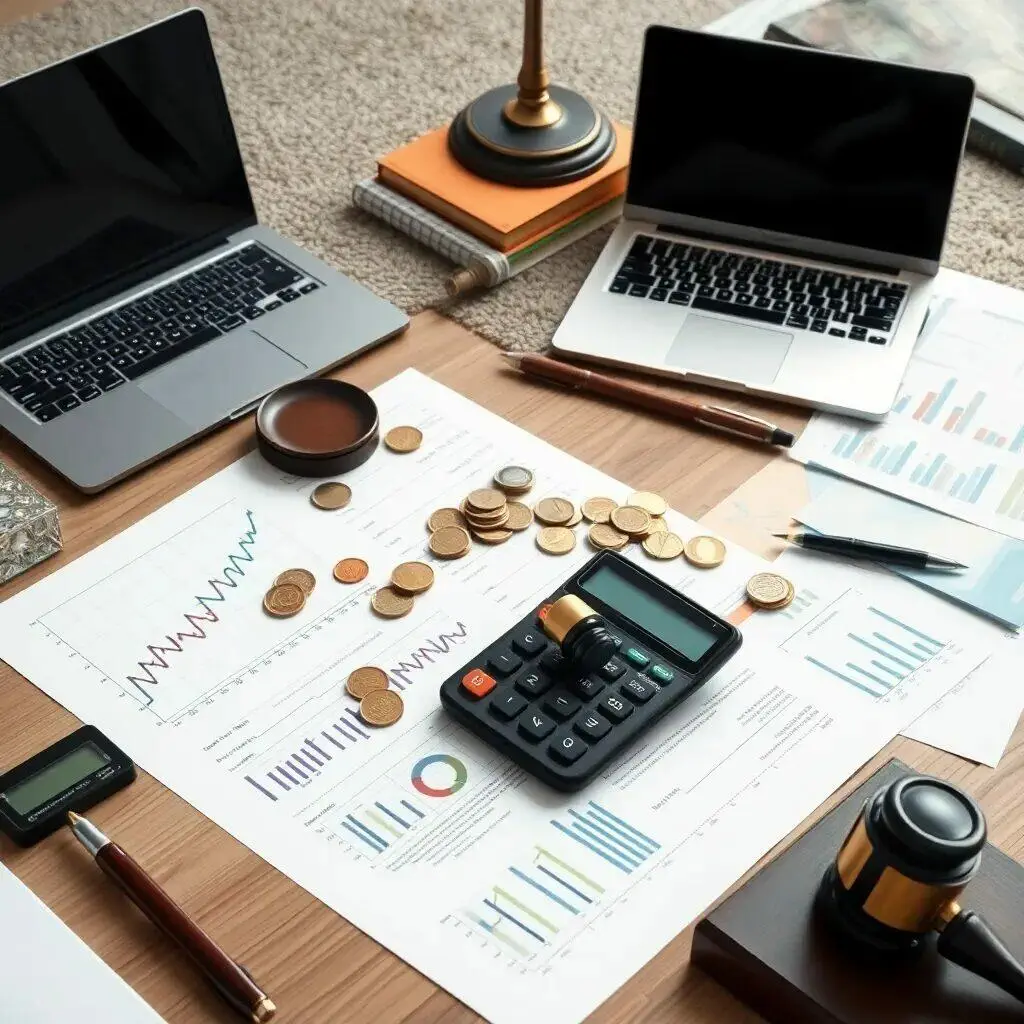 Imagen de un entorno de trabajo financiero que incluye dos laptops, gráficos y estadísticas sobre documentos, monedas dispersas y una calculadora. La escena está organizada sobre una superficie de madera clara, con un bolígrafo y un martillo de juez, lo que sugiere un análisis financiero o contable. Ideal para ilustrar temas relacionados con finanzas, contabilidad, análisis de datos y gestión empresarial.