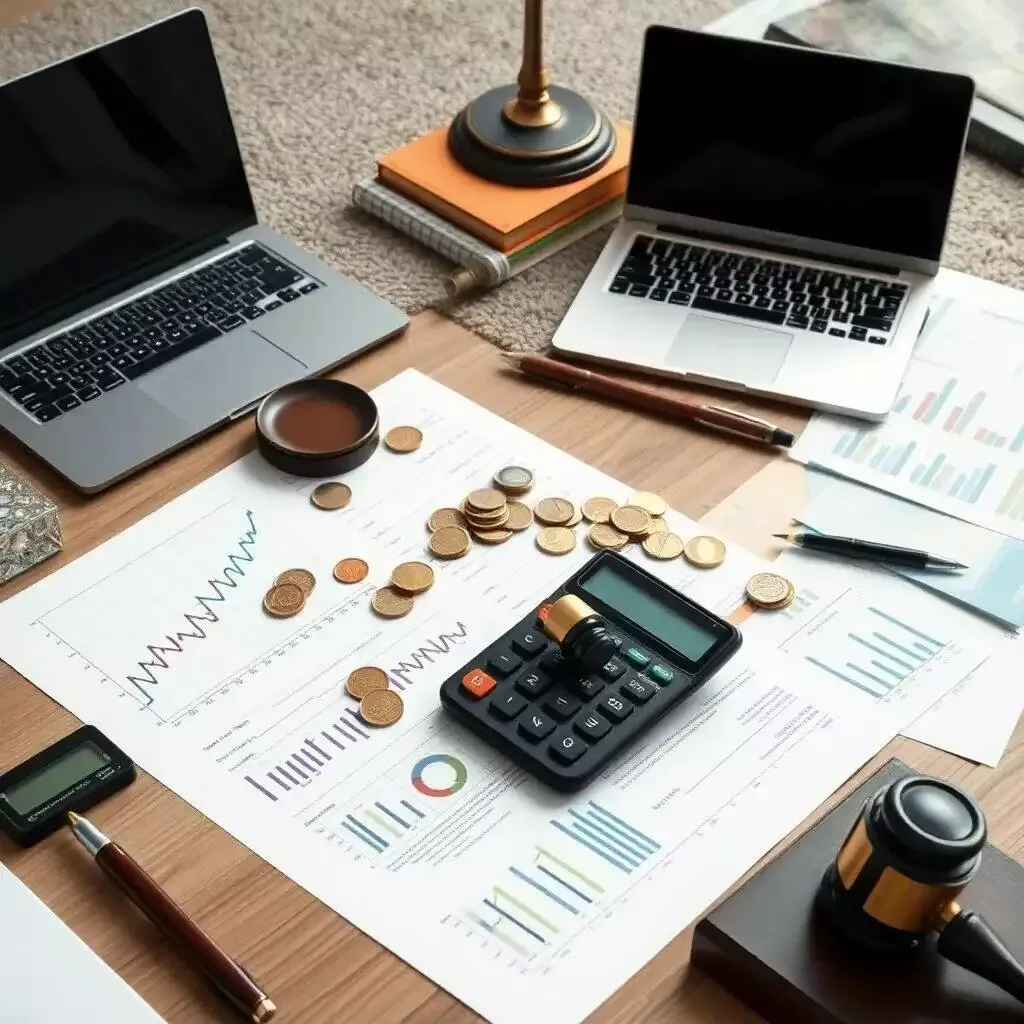 Imagen de un espacio de trabajo financiero con dos laptops, una calculadora, monedas y gráficos. Los documentos muestran análisis de datos y tendencias económicas. El ambiente refleja un enfoque en la contabilidad y la gestión financiera, ideal para profesionales en finanzas o emprendedores. Elementos como una lámpara de escritorio y un bolígrafo añaden un toque de organización y productividad al entorno.