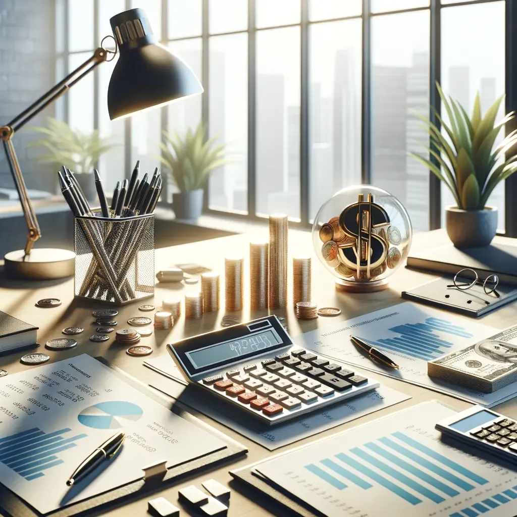 Escritorio moderno con elementos financieros, incluyendo una calculadora, gráficos de análisis, monedas y billetes. La escena está iluminada por una lámpara de escritorio, con plantas decorativas que aportan un toque natural. Se observan pilas de monedas y un globo de cristal con el símbolo del dólar, sugiriendo un enfoque en la contabilidad y la gestión financiera. Ideal para ilustrar temas de finanzas, inversiones y planificación económica en un entorno profesional.