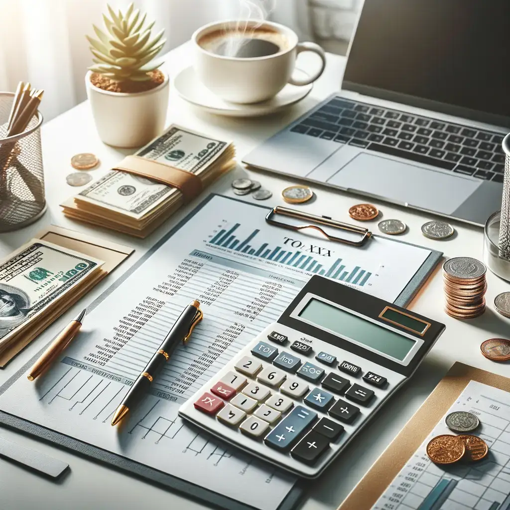 Imagen de un escritorio de trabajo que muestra un ambiente productivo y financiero. En la mesa se pueden ver billetes de dólar organizados, monedas, una calculadora, un bolígrafo y documentos con gráficos y datos. También hay una laptop, una taza de café humeante y una planta decorativa. Esta escena representa la planificación financiera, la contabilidad y el análisis de datos, ideal para quienes buscan optimizar su gestión económica y mejorar su productividad laboral.