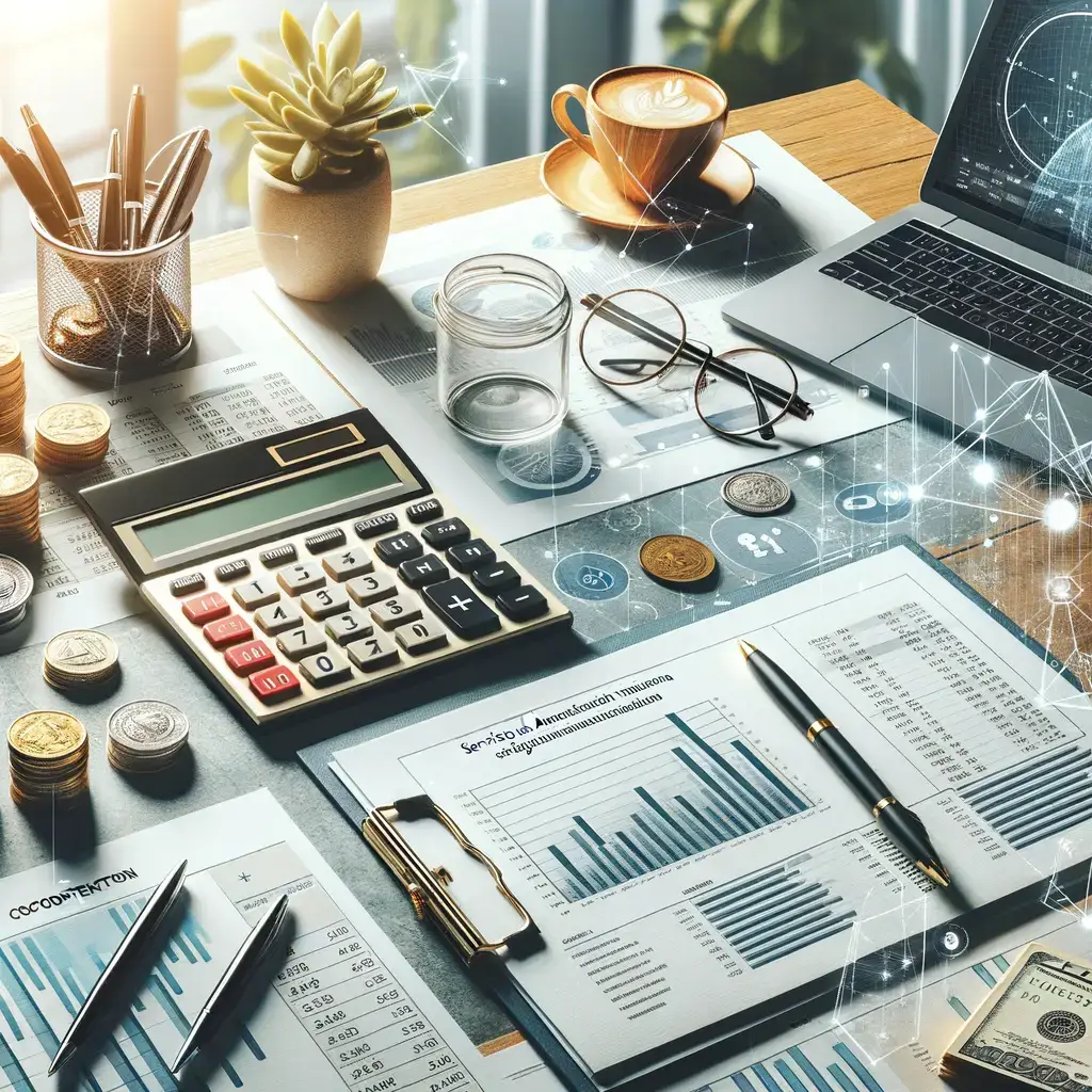 Imagen de un escritorio de trabajo moderno con elementos de contabilidad y finanzas. Se observa una calculadora, gráficos y hojas de cálculo con datos financieros. Hay monedas apiladas, un bolígrafo y unas gafas, todo dispuesto sobre una superficie de madera. En el fondo, se aprecia una taza de café y una planta decorativa, lo que sugiere un ambiente de trabajo productivo y organizado. Ideal para ilustrar temas de gestión financiera, análisis de datos y productividad en