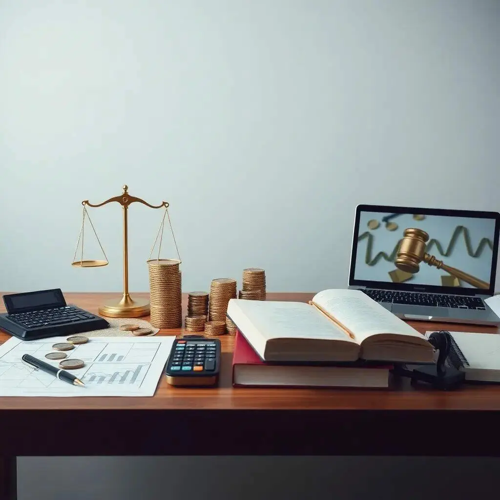 Imagen de un escritorio que refleja la intersección entre el derecho y las finanzas. Se observa una balanza de la justicia, monedas apiladas, una calculadora y libros abiertos sobre leyes y finanzas. En el fondo, un laptop muestra una imagen de un martillo judicial y gráficos, simbolizando el análisis financiero legal. Este entorno sugiere un enfoque profesional en la asesoría legal y contable, ideal para abogados, contadores o estudiantes de derecho.