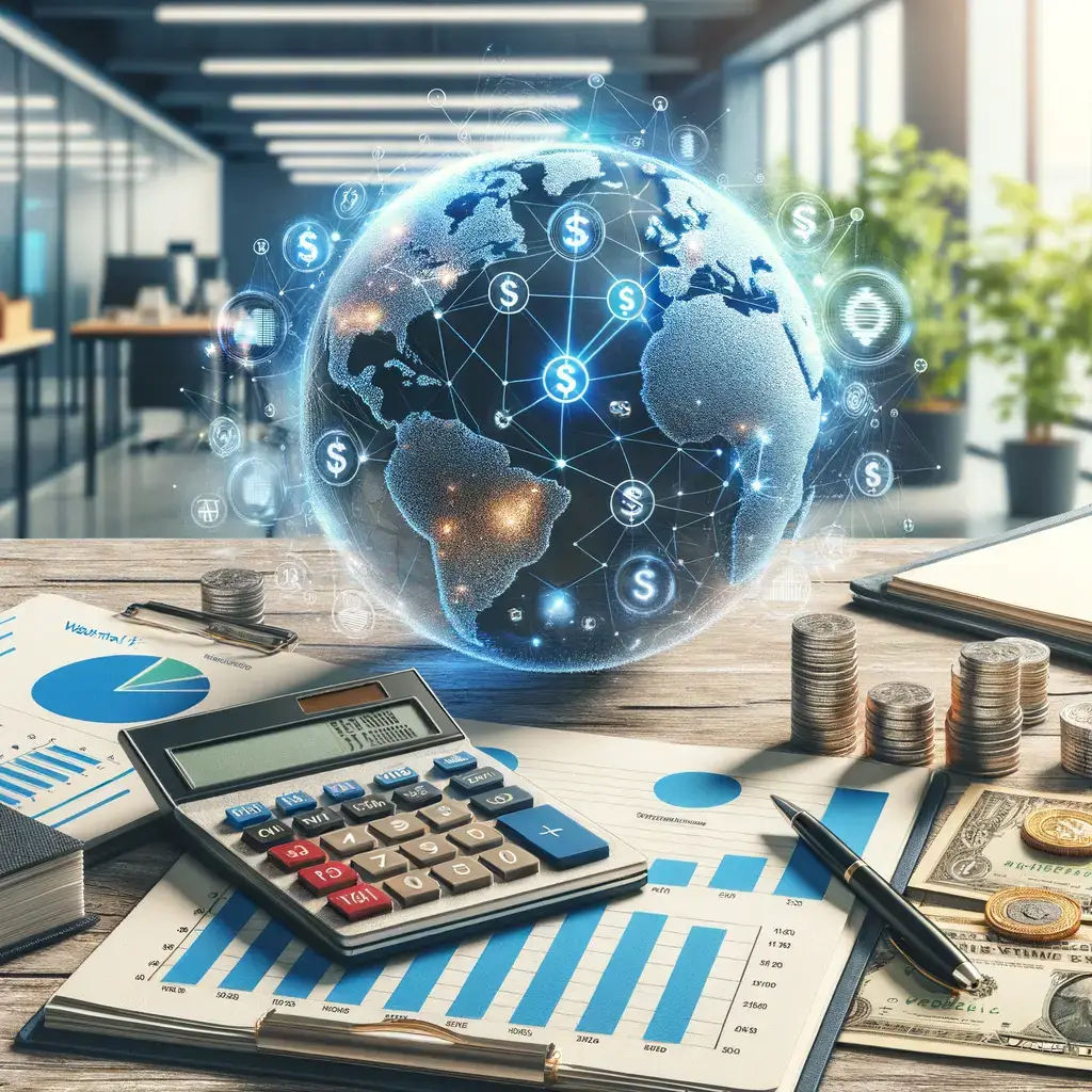 Imagen de un entorno de oficina moderno con una calculadora, gráficos de análisis financiero y monedas. En el centro, un globo terráqueo digital resalta conexiones monetarias globales, simbolizando la economía interconectada. Los documentos muestran datos estadísticos, mientras que una planta decorativa añade un toque natural al espacio. Esta imagen representa conceptos de finanzas, contabilidad y análisis económico en un contexto profesional.