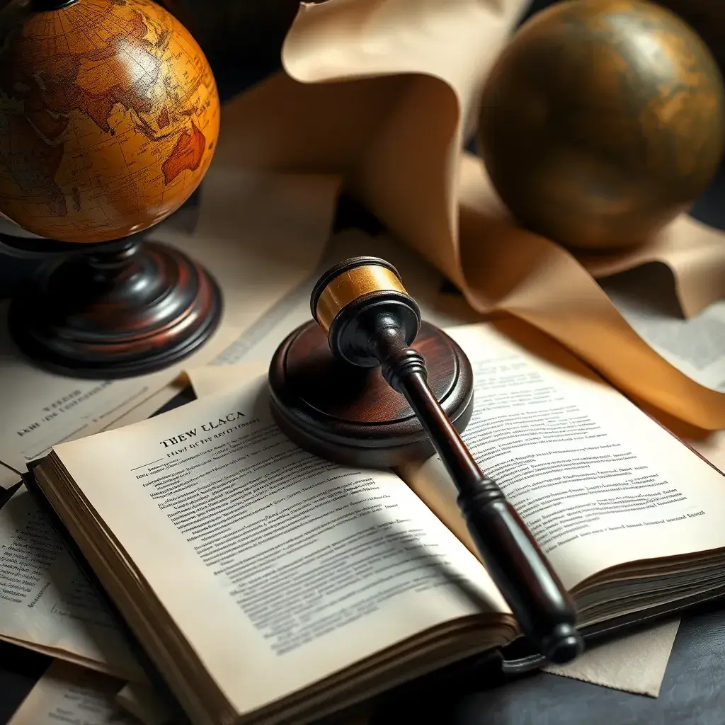 Martillo de juez sobre un libro de leyes abierto, rodeado de pergaminos y un globo antiguo, evocando seriedad jurídica en Colombia.