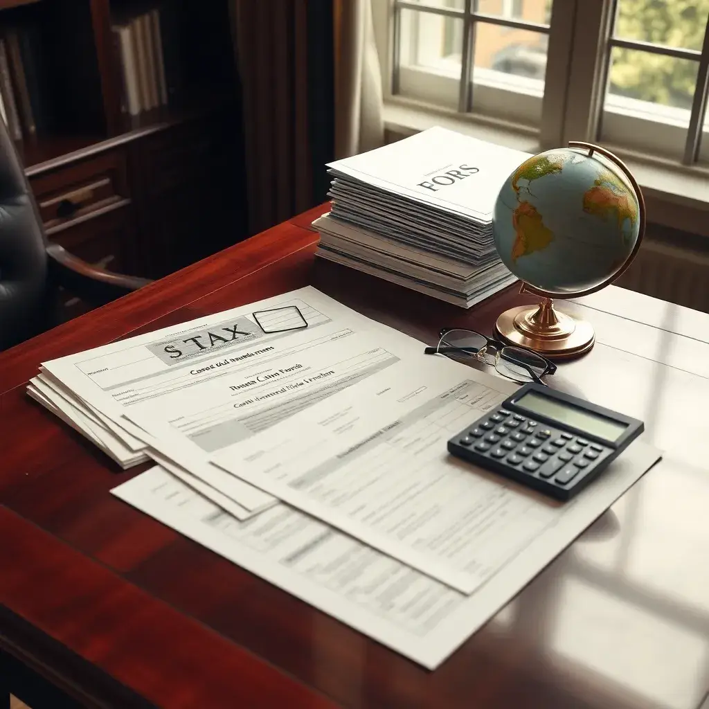 Escritorio elegante con formularios tributarios, una calculadora, gafas de lectura y un globo terráqueo, iluminado por luz natural.