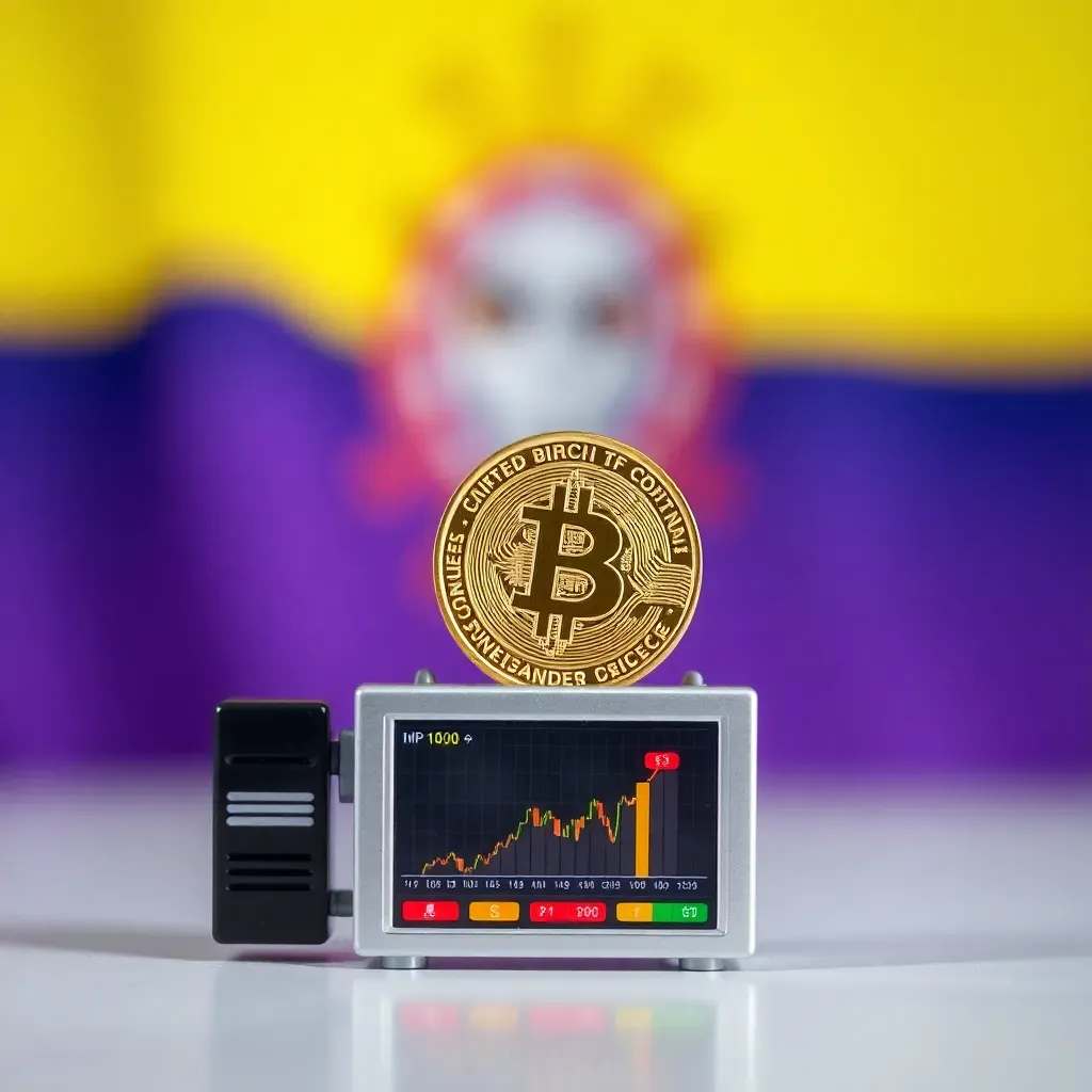 Moneda de oro sobre gráfica bursátil en miniatura. Fondo difuminado con colores de la bandera de Colombia. Finanzas en Colombia.