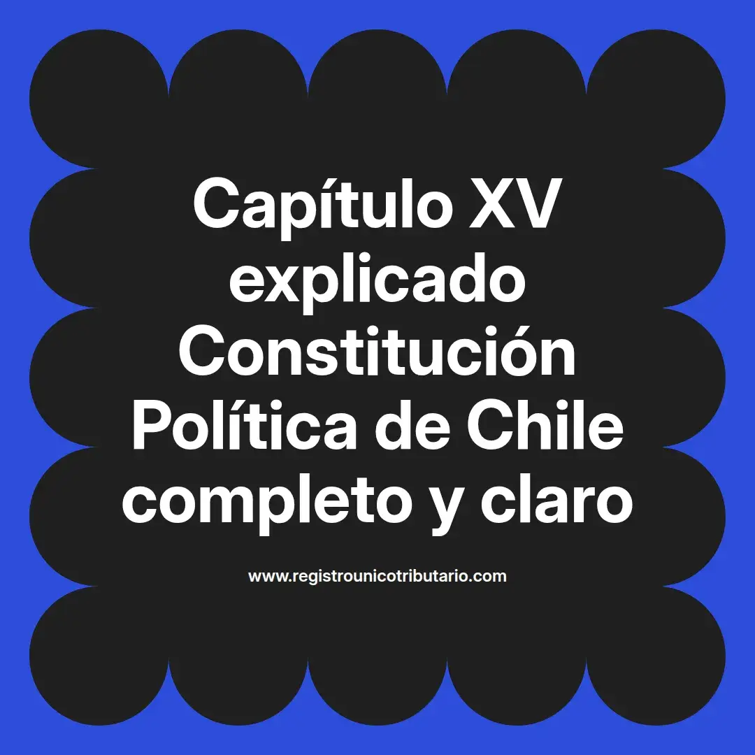 imagen destacada del post con un texto en el centro que dice Capítulo XV explicado Constitución Política de Chile completo y claro y abajo del texto aparece el url de sitio web que es registro unico tributario punto com
