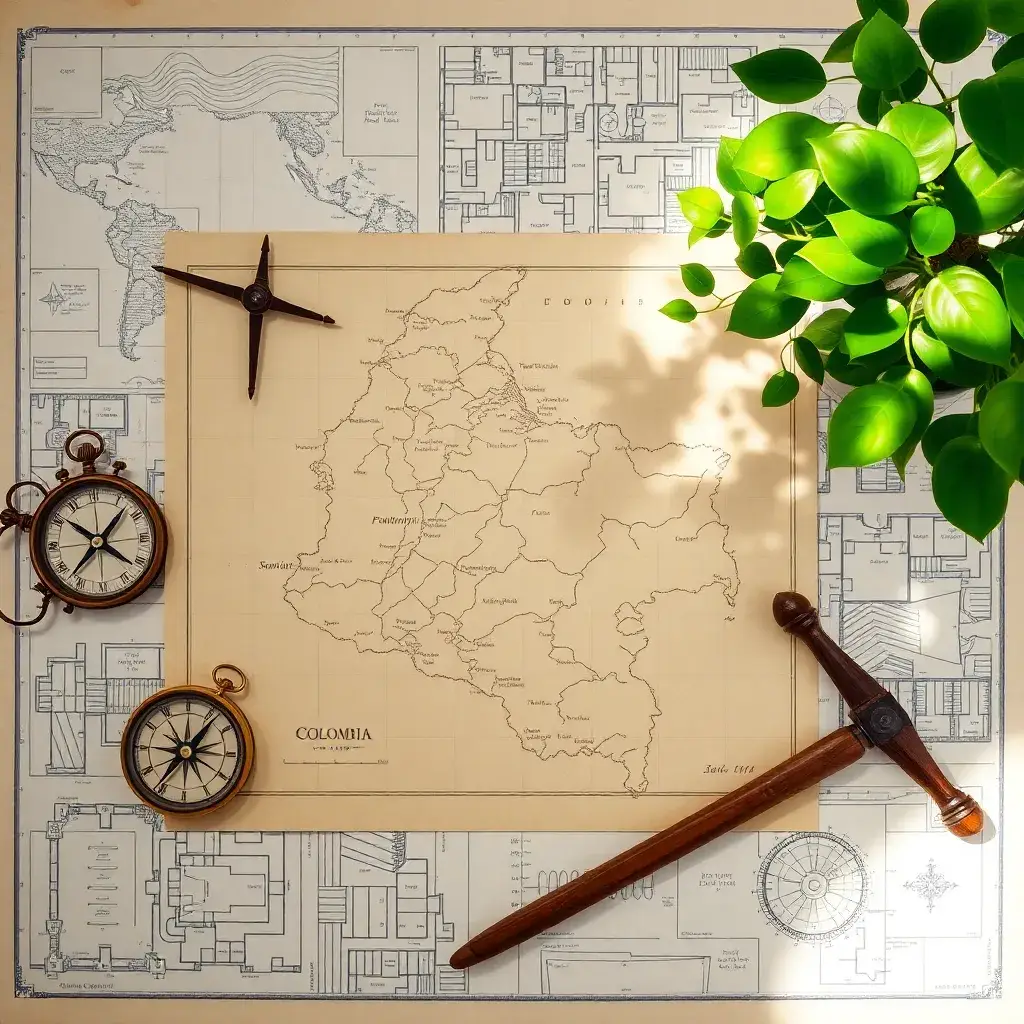Mapa antiguo de Colombia rodeado de una brújula vintage, planos arquitectónicos, escalas de medición y una planta verde.