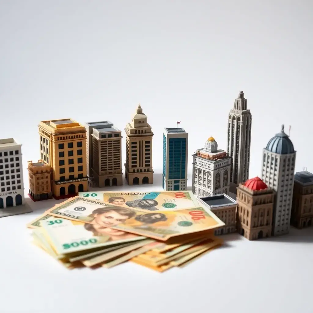 Billetes colombianos junto a modelos de edificios, aludiendo al desarrollo urbano y la **economía de Colombia**.