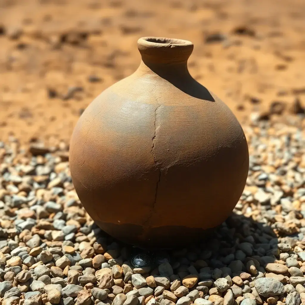 Jarra de barro agrietada rodeada de piedras, con agua clara acumulada en su base sobre tierra árida en Colombia.