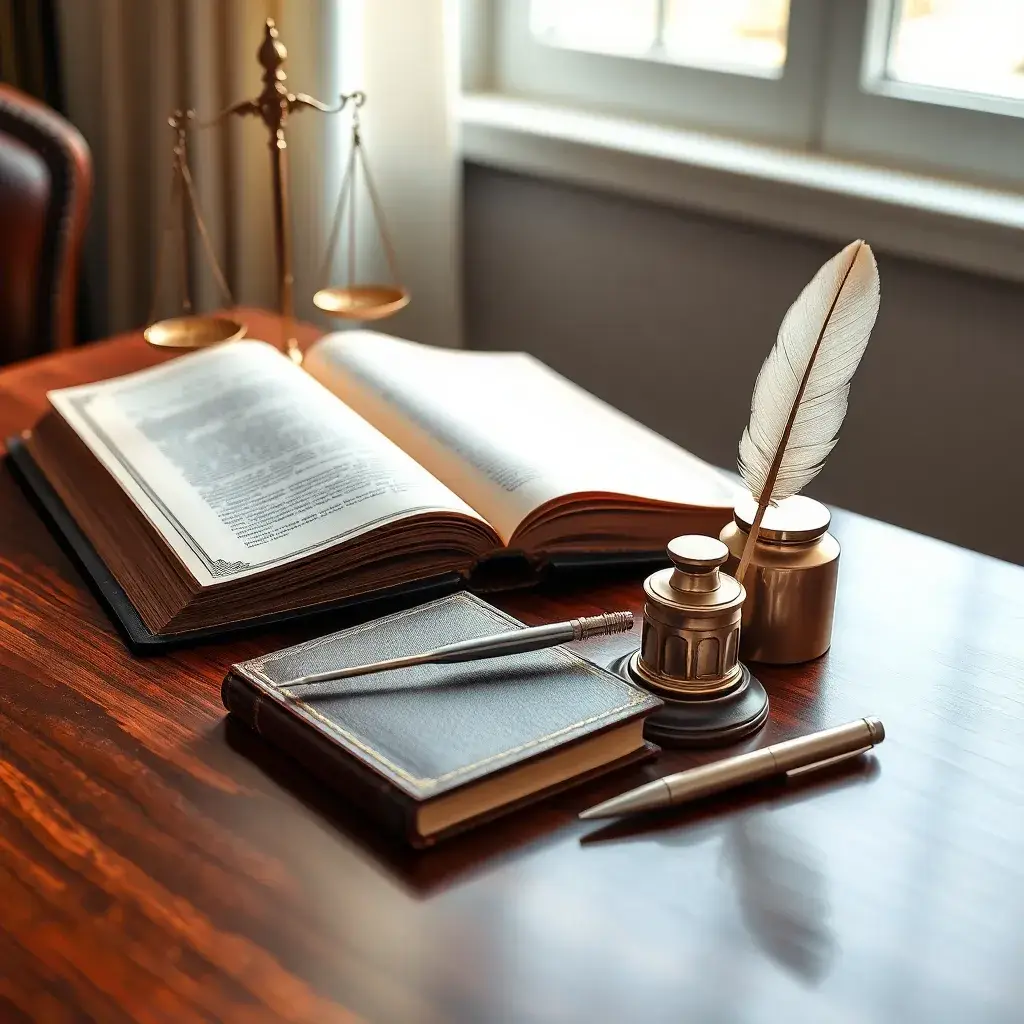 Escritorio elegante con balanza de justicia, libro de leyes, pluma y tintero, iluminado por luz natural en Colombia.