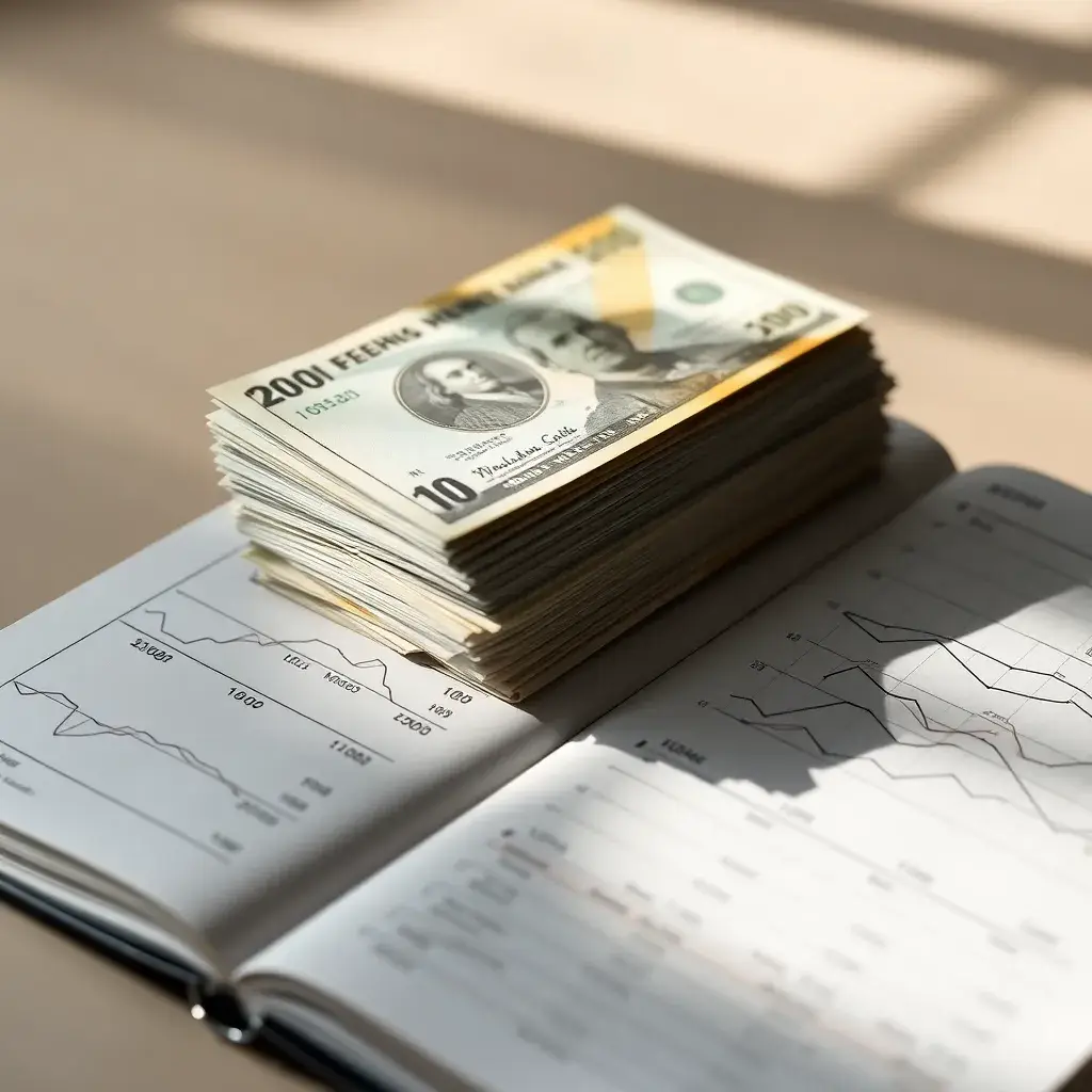 Billetes de Perú sobre libro contable. Preparando la declaración anual 2023.