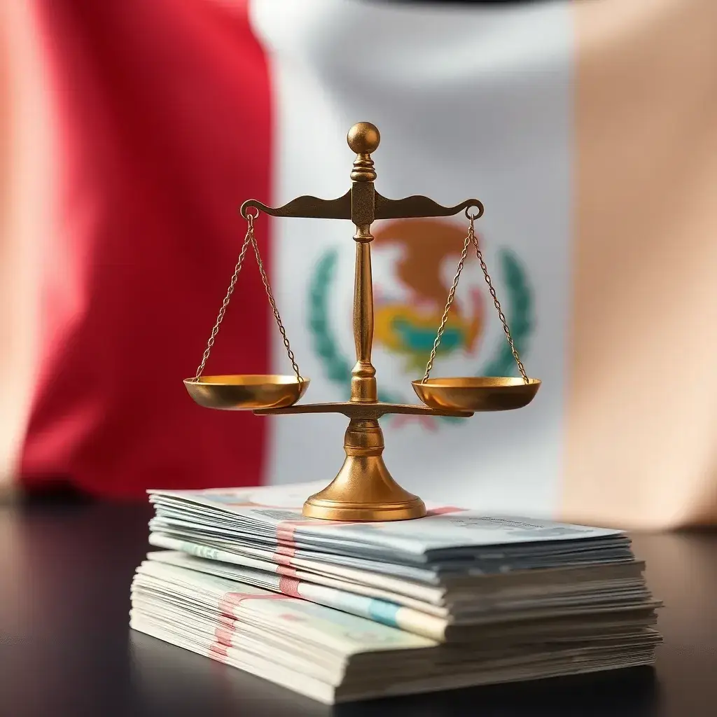 Balanza de bronce sobre billetes peruanos. Contexto de derecho tributario en Perú.