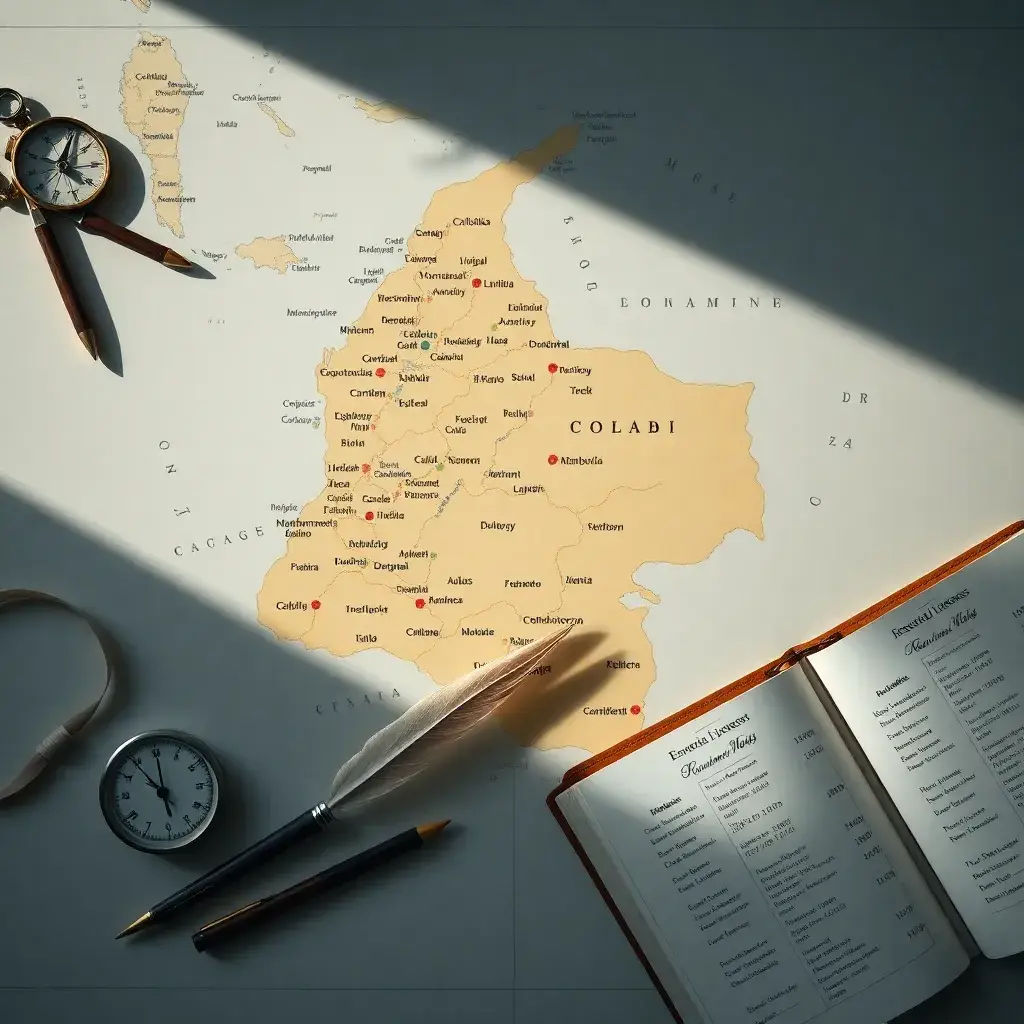 Mapa detallado de Colombia con marcadores coloridos, rodeado de una brújula, pluma antigua y un libro de contabilidad.