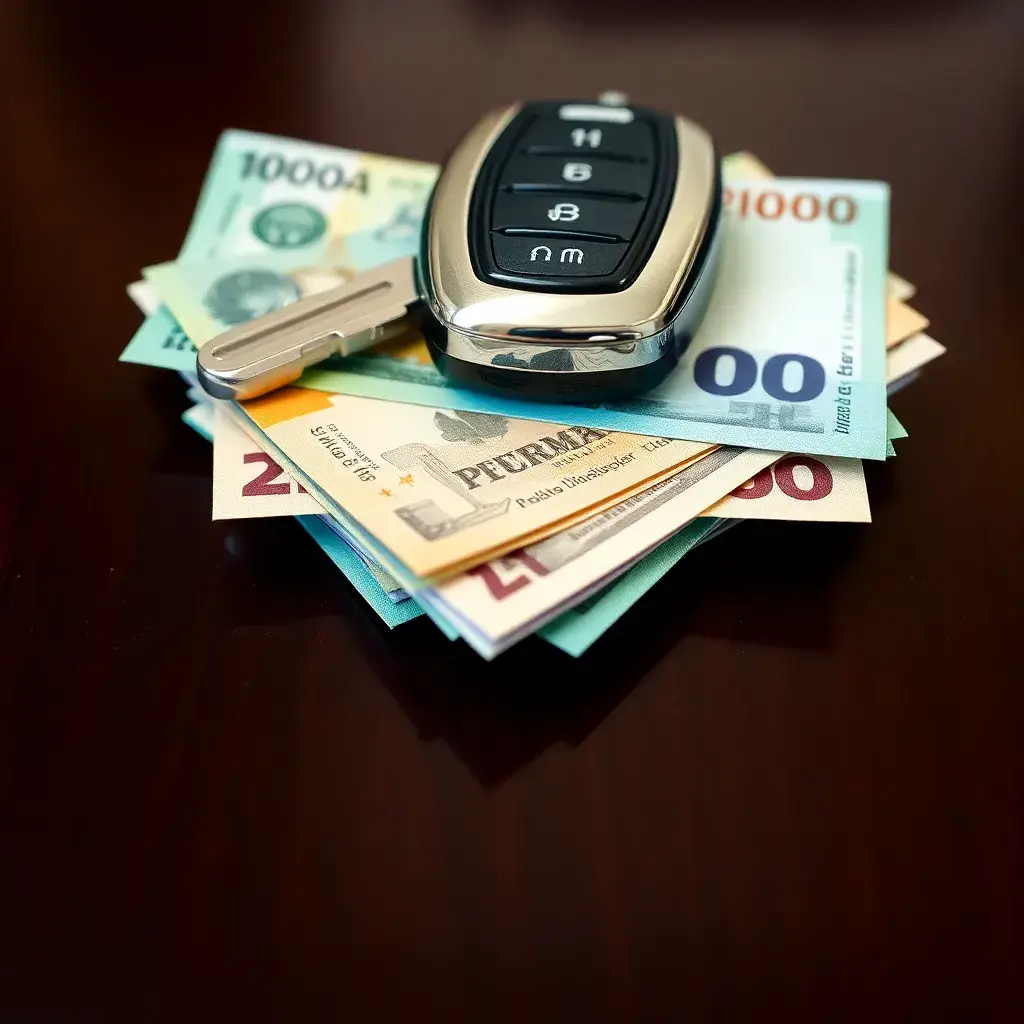 Llave de auto sobre billetes peruanos. Pago del impuesto vehicular SAT en Perú.