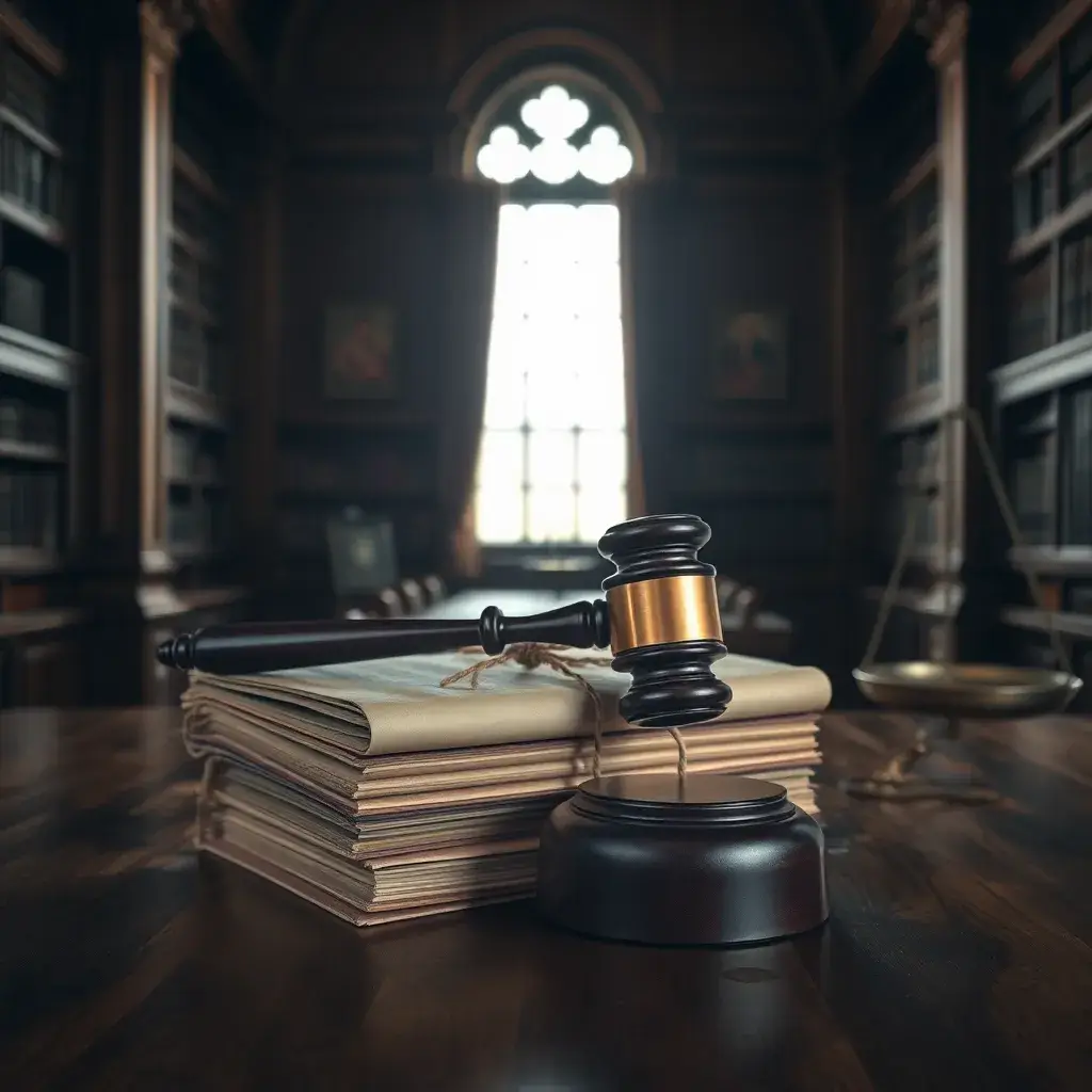 Prompt en inglés: Close-up of a gavel hitting a sound block on top of legal documents related to guardianship and disability, in a brightly lit courtroom.Proceso de incapacitación legal con mazo y documentos en juzgado de Colombia.