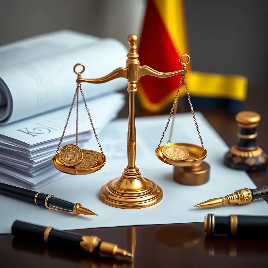 Mesa elegante con balanza de justicia, monedas colombianas, documentos legales, pluma y bandera de Colombia, todo iluminado.