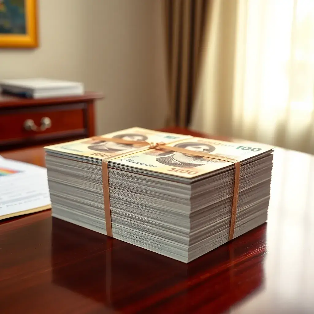Billetes de Perú atados con cinta sobre escritorio. Ideal para ilustrar renta de cuarta categoría.