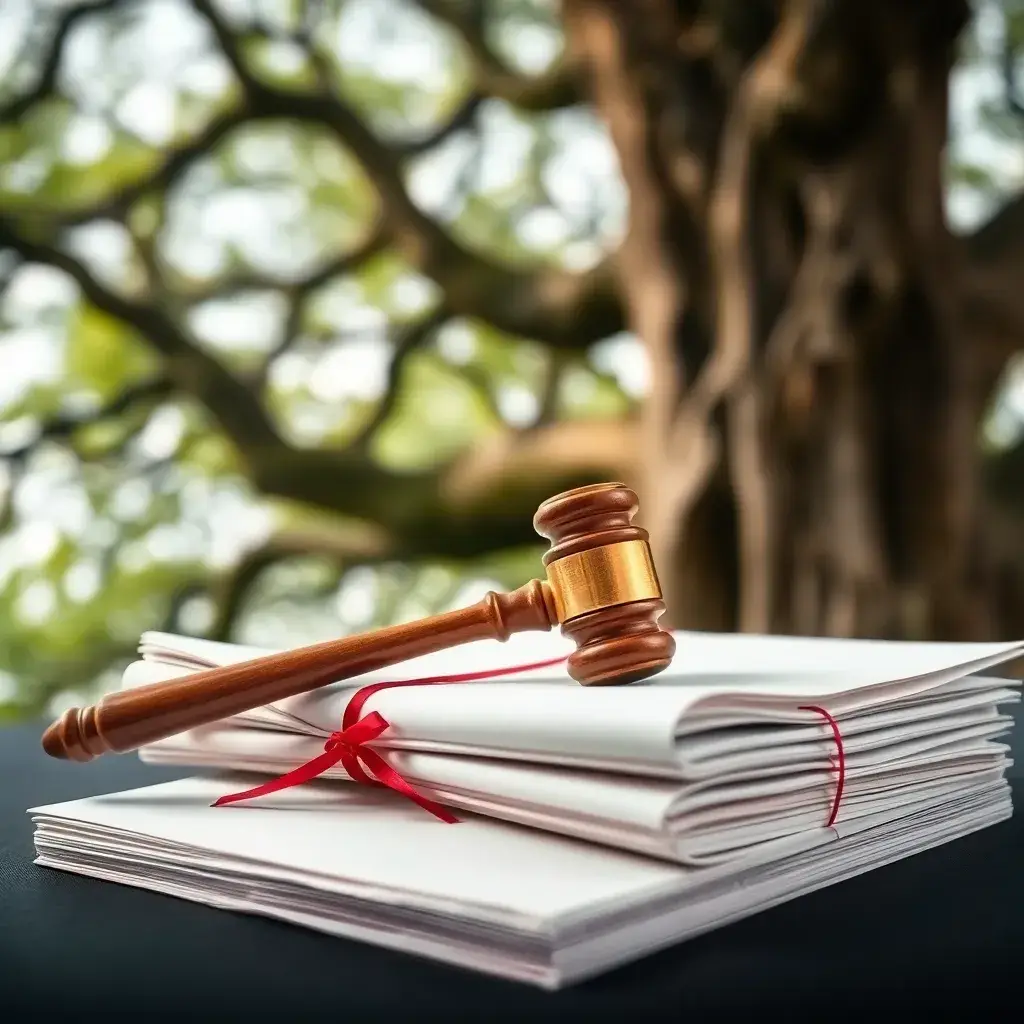 Prompt en inglés: A gavel resting on a stack of Colombian legal documents, symbolizing legal reserve for judicial processes.Palabra clave principal: reserva legal procesos judicialesCódigo de país: CO (convierte este código al nombre del país si es útil para el contexto)Reserva legal en procesos judiciales colombianos, mazo sobre documentos.