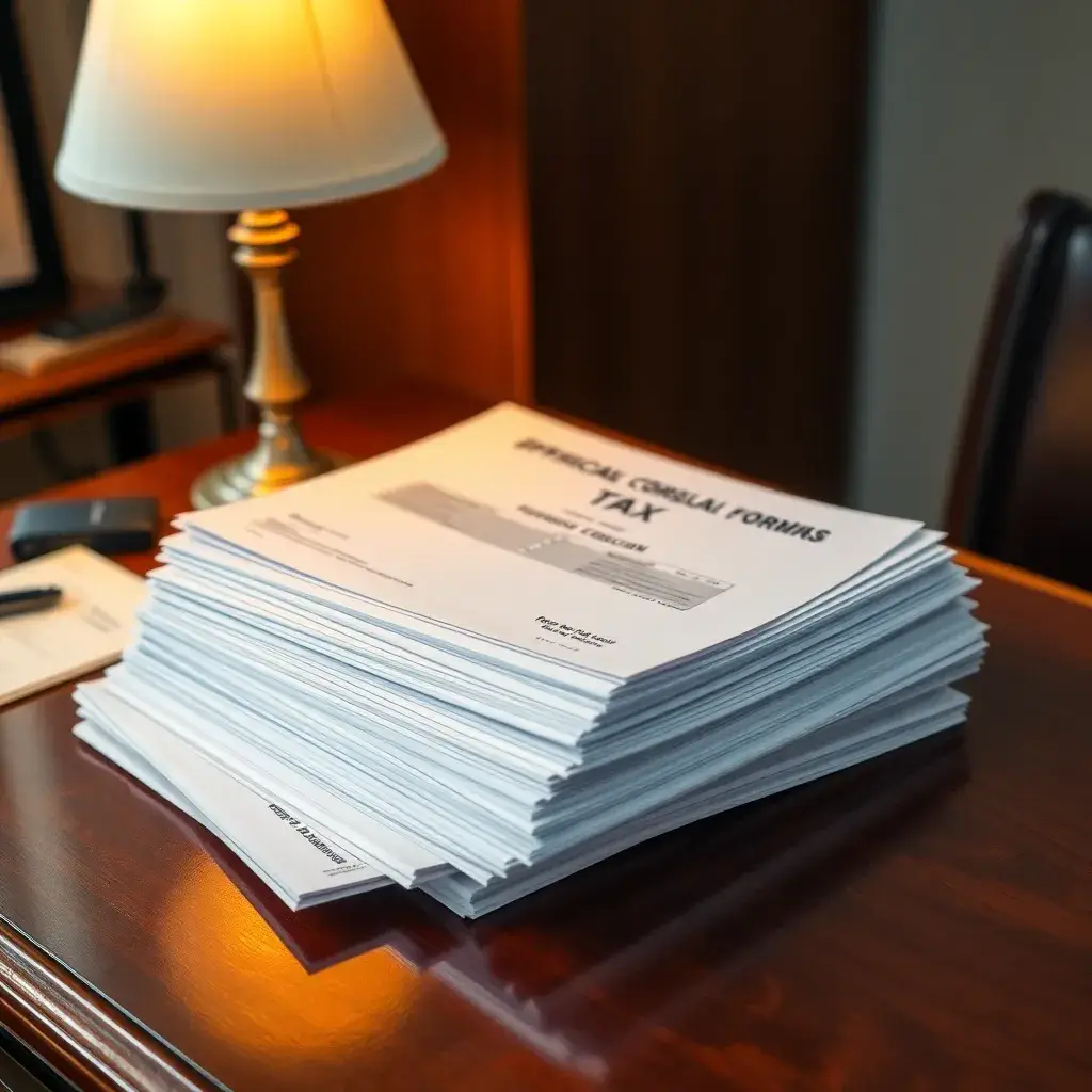 Documentos tributarios y formularios peruanos del RUC SUNAT apilados en escritorio de caoba.