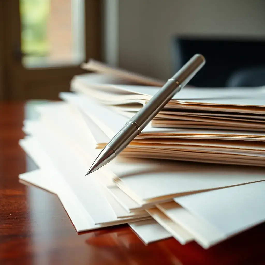 Pila de documentos oficiales de Perú, con un rut visible, sobre escritorio de caoba y pluma plateada.
