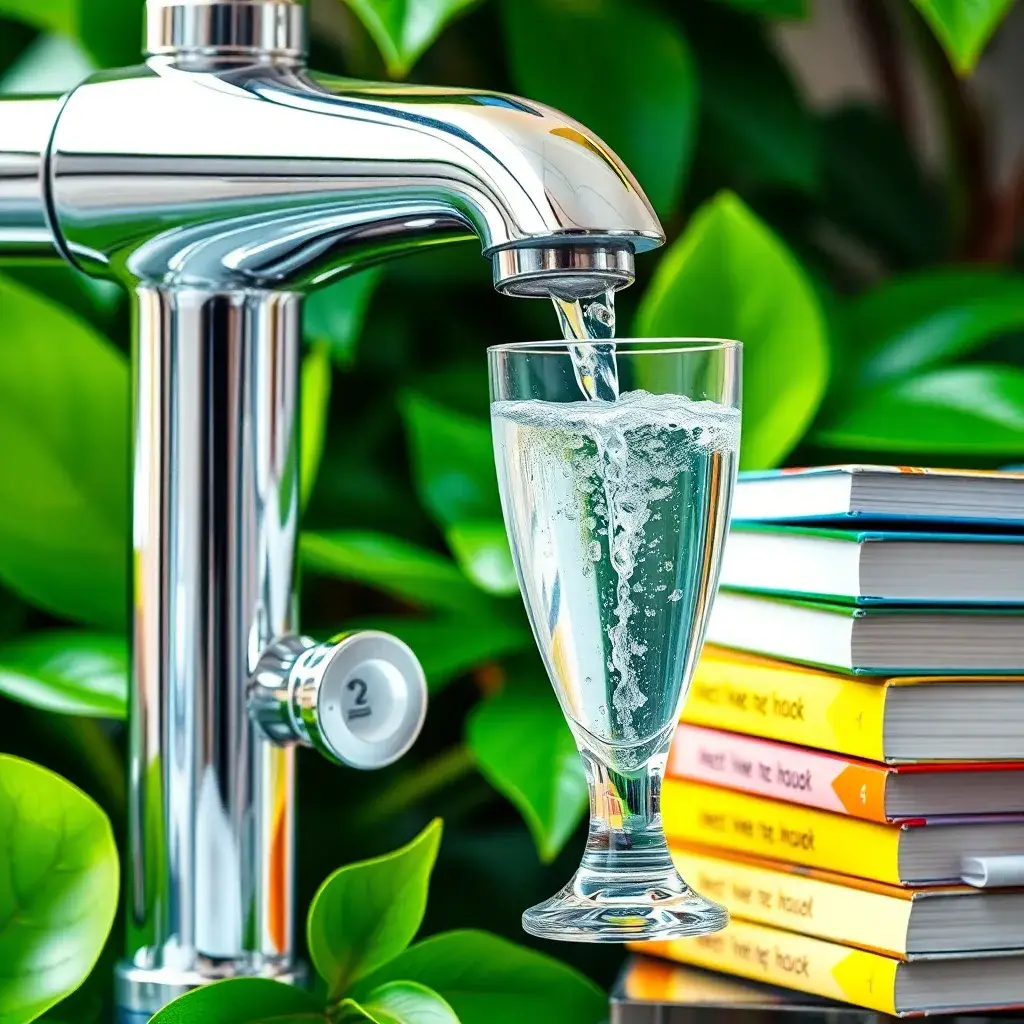 Grifo moderno brinda agua cristalina a un vaso, rodeado de libros educativos y hojas verdes, simbolizando servicios esenciales en Colombia.
