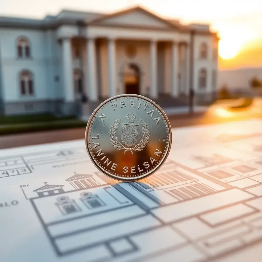 Moneda de Perú sobre plano arquitectónico, concepto tributario **www sunat gob pe**.