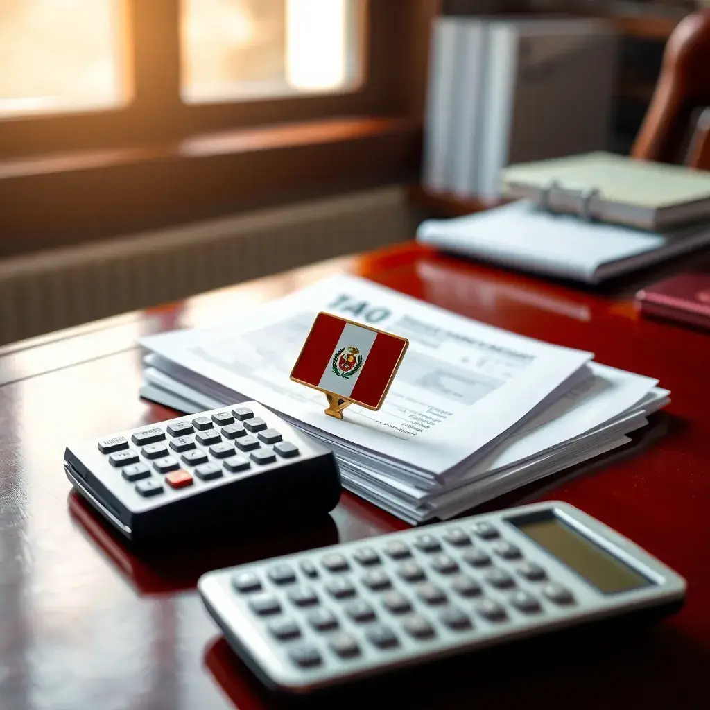 Escritorio con formularios de impuestos, calculadora y pin de la bandera de Perú. sunatvirtual.