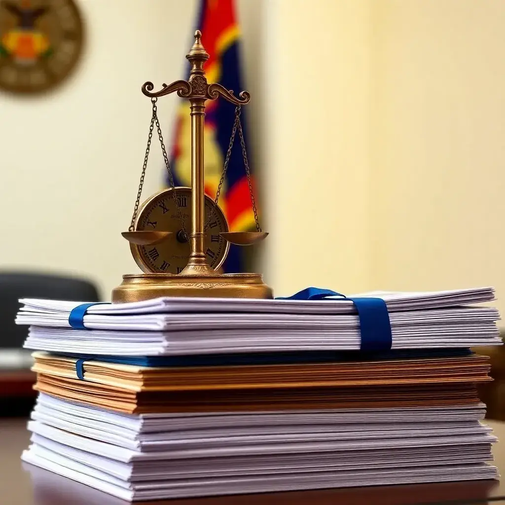 Balanza antigua sobre documentos legales peruanos. Superintendencia Nacional de Aduanas y de Administración Tributaria (SUNAT).