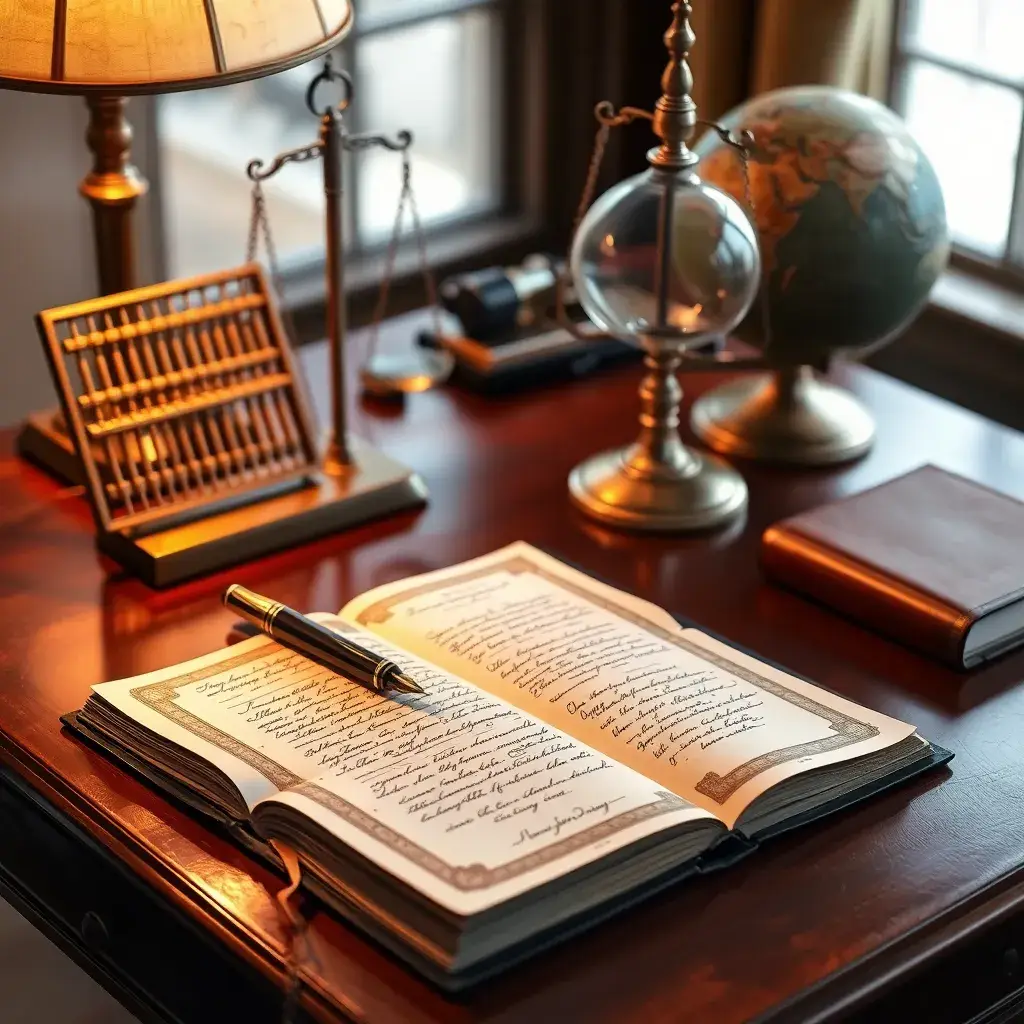 Escritorio de madera pulida con un libro de contabilidad abierto, un bolígrafo elegante, un ábaco y una balanza, creando una atmósfera financiera en Colombia.