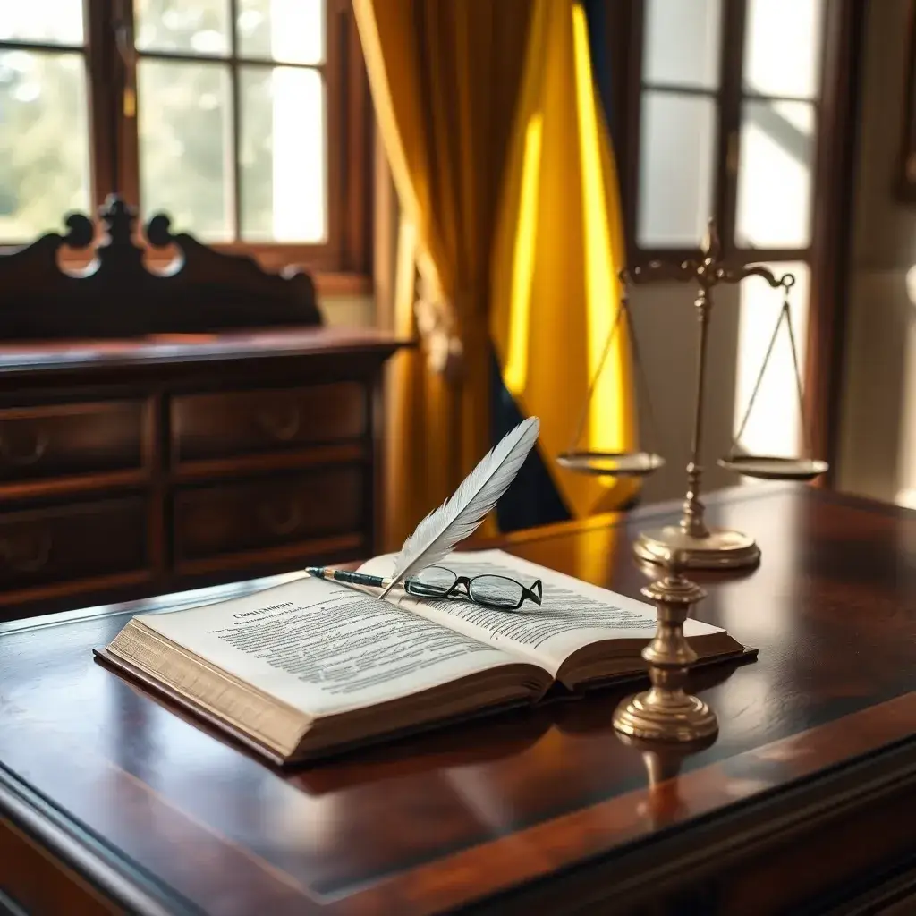 Escritorio antiguo con un libro constitucional, pluma y tintero, balanza de justicia y bandera colombiana iluminados por luz natural.