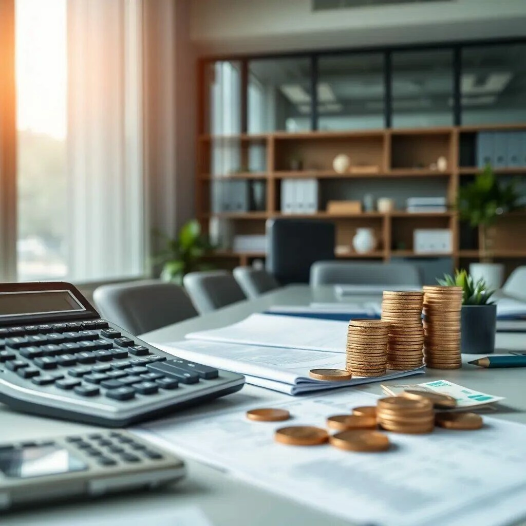Imagen de un entorno de oficina moderno y bien iluminado, con una calculadora, monedas apiladas y documentos sobre una mesa. La escena refleja un ambiente de trabajo enfocado en la gestión financiera y la contabilidad. La luz natural entra por grandes ventanales, creando un ambiente acogedor. Elementos como plantas decorativas y mobiliario elegante complementan el espacio, ideal para profesionales en el área de finanzas.