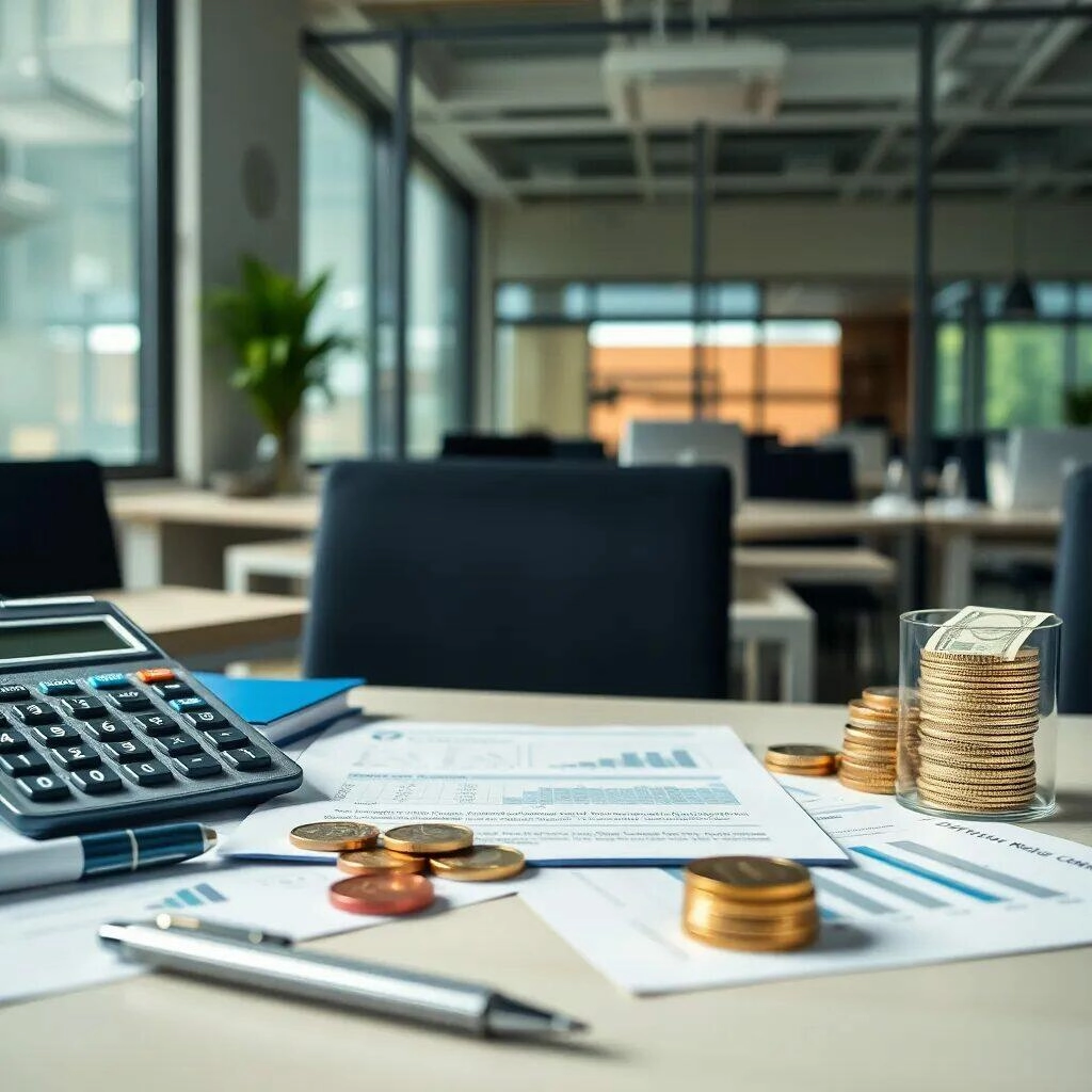 Imagen de un entorno de oficina moderna con un enfoque en la contabilidad y las finanzas. Se observa una calculadora sobre una mesa de trabajo, acompañada de documentos financieros que incluyen gráficos y estadísticas. También hay monedas y billetes en un vaso, lo que sugiere la gestión de recursos económicos. El fondo presenta un espacio de trabajo iluminado por luz natural, destacando la importancia de un ambiente productivo para el análisis financiero. Ideal para temas relacionados con la administración de finanzas,