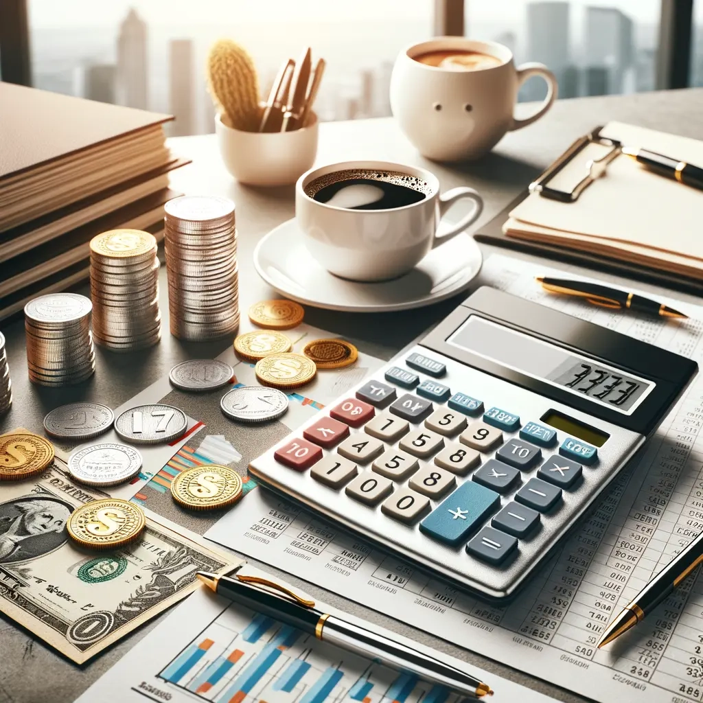 Imagen de un escritorio de oficina con una calculadora, monedas y billetes. Se observa una taza de café, documentos financieros y gráficos. El entorno sugiere un ambiente de trabajo enfocado en la contabilidad y la gestión financiera. Ideal para temas de finanzas personales, contabilidad y productividad en el trabajo.
