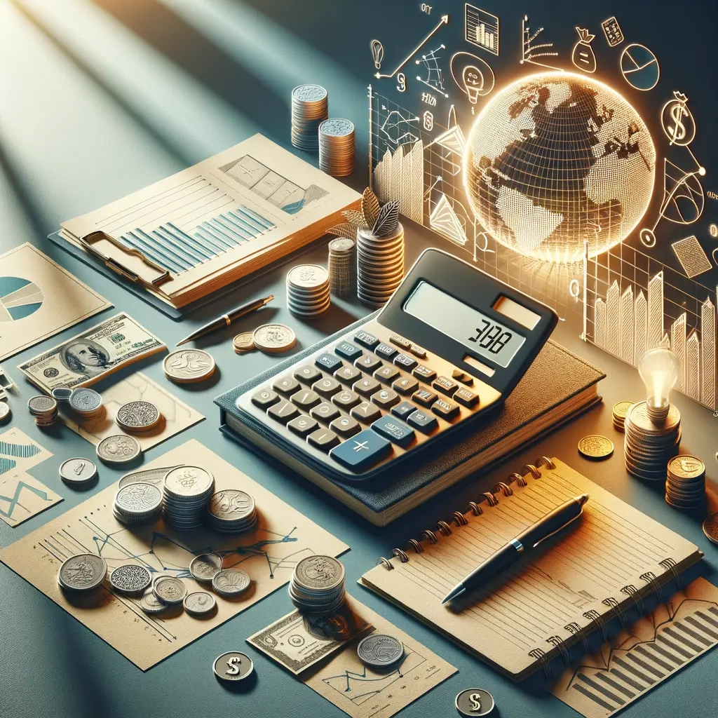 Imagen que representa una mesa de trabajo sobre finanzas y contabilidad. En el centro, se observa una calculadora sobre un cuaderno, rodeada de monedas y billetes. A la izquierda, hay gráficos y hojas de trabajo con datos financieros, mientras que al fondo se destaca una representación del globo terráqueo y gráficos de crecimiento. La iluminación suave resalta los elementos, creando un ambiente profesional y organizado. Ideal para temas relacionados con la gestión financiera, análisis de datos y planificación económica