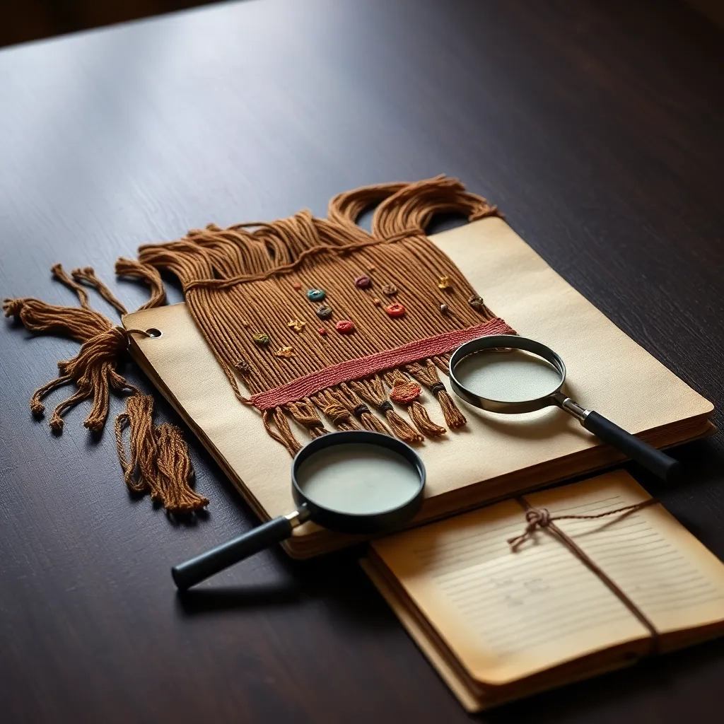 Quipu peruano, lupa y libro antiguo sobre escritorio. Útil para buscar empresa por RUT en Perú.