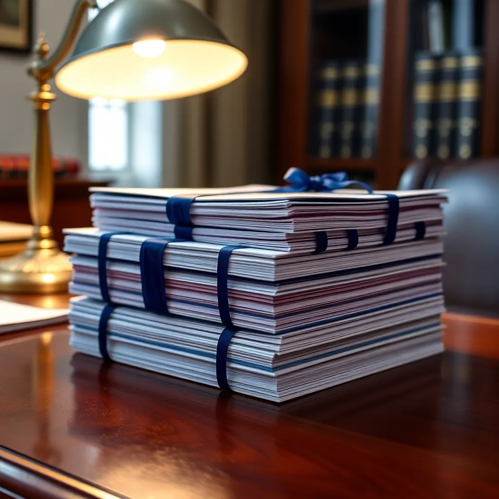 Pila organizada de documentos legales peruanos sobre escritorio, con el codigo tributario visible.