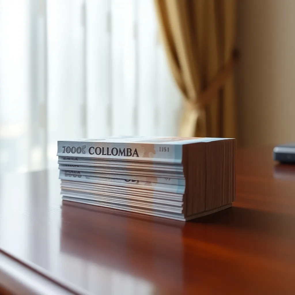Billetes colombianos sobre escritorio de caoba. Finanzas en Colombia.