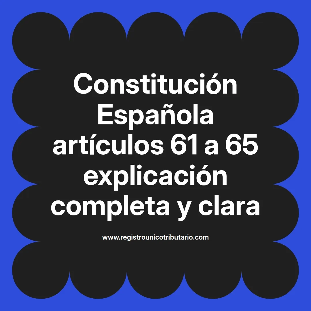 imagen destacada del post con un texto en el centro que dice Constitución Española artículos 61 a 65 explicación completa y clara y abajo del texto aparece el url de sitio web que es registro unico tributario punto com