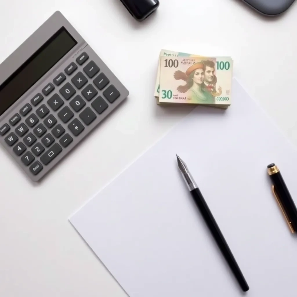 Calculadora, dinero peruano y pluma sobre documento oficial. Trámites ante la dian rut en Perú.