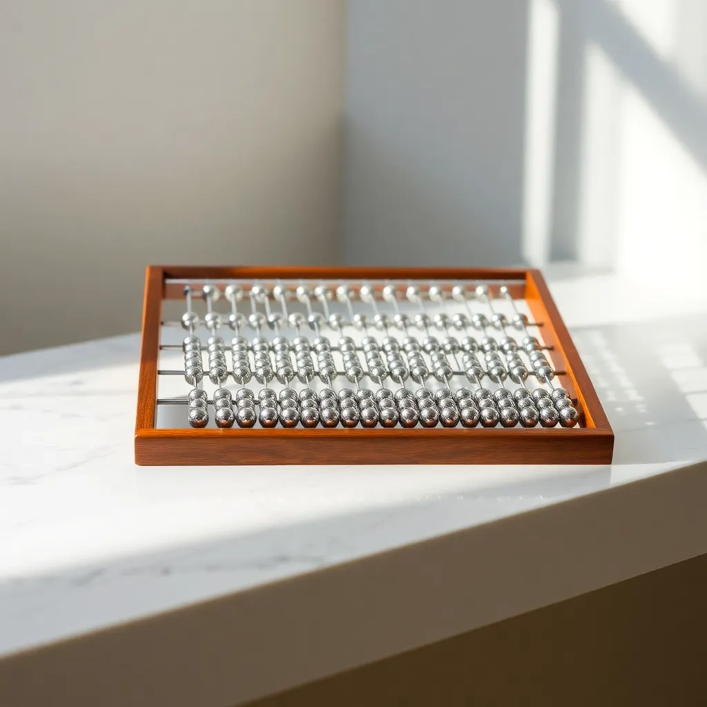 Ábaco de plata sobre mármol blanco. Cálculo de impuesto en Perú.