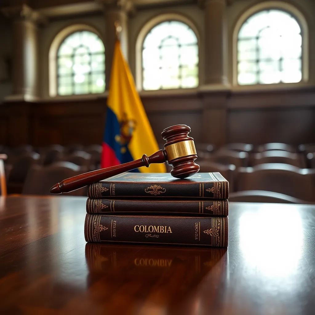 Prompt en inglés: Close-up of Colombian flag next to legal documents and a gavel. Focus on justice and law.Palabra clave principal: proceso legalCódigo de país: COAlt text: Bandera de Colombia junto a documentos legales y un mazo. Representa un proceso legal en Colombia.