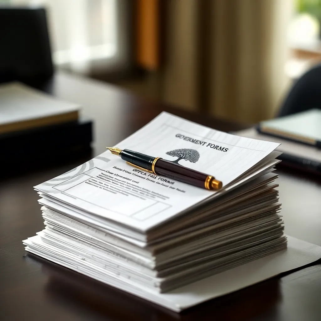 Formularios oficiales apilados, uno con un árbol, y pluma fuente. Trámite de rut persona natural en Perú.