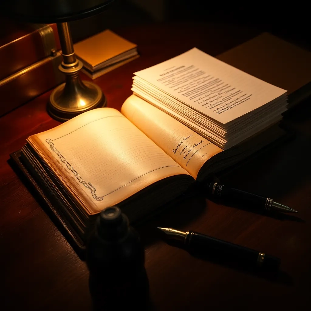 Libro contable antiguo, documentos y pluma sobre escritorio. Rut ejemplo en Perú.