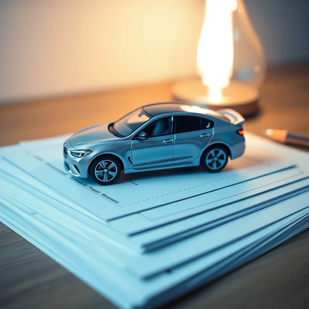 Auto miniatura sobre formularios de sat impuesto vehicular en Perú.