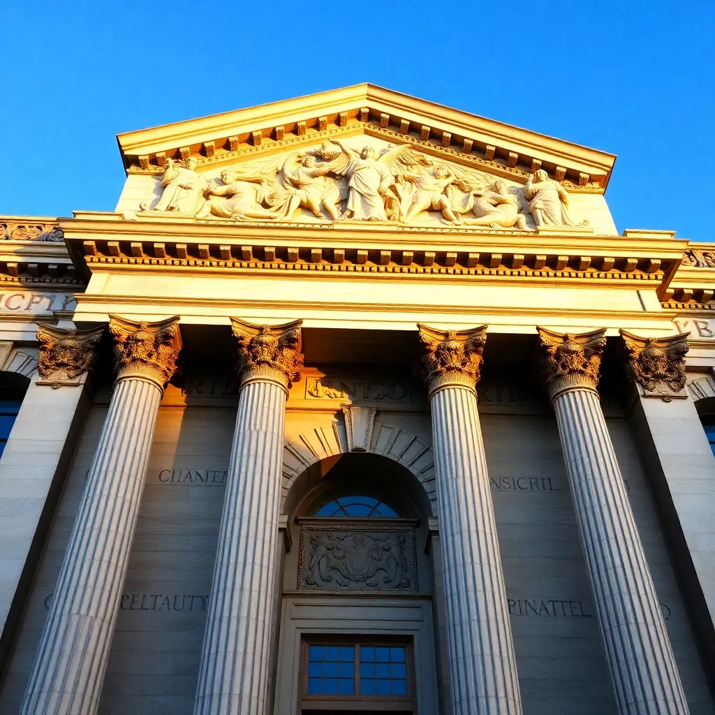 Fachada neoclásica iluminada por el sol. Símbolo del servicio de administración tributaria en Perú.