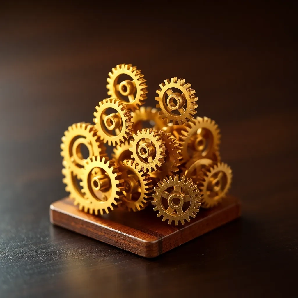 Engranajes dorados interconectados sobre madera pulida, representando un complejo y eficiente sistema tributario en Perú.